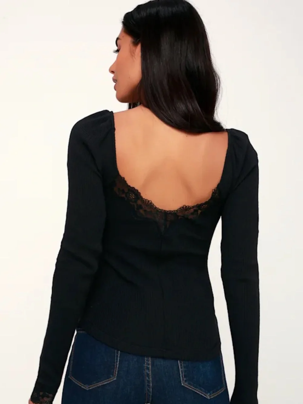 Free People Black Ribbed Lace-Trim Henley Top